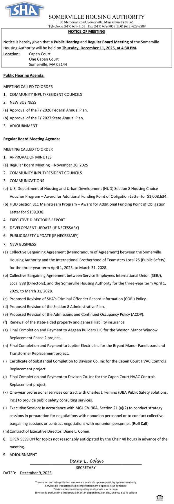 Board Meeting Notice December 11, 2025