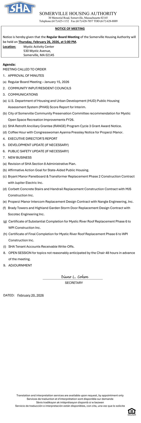 Board Meeting Notice February 26, 2026